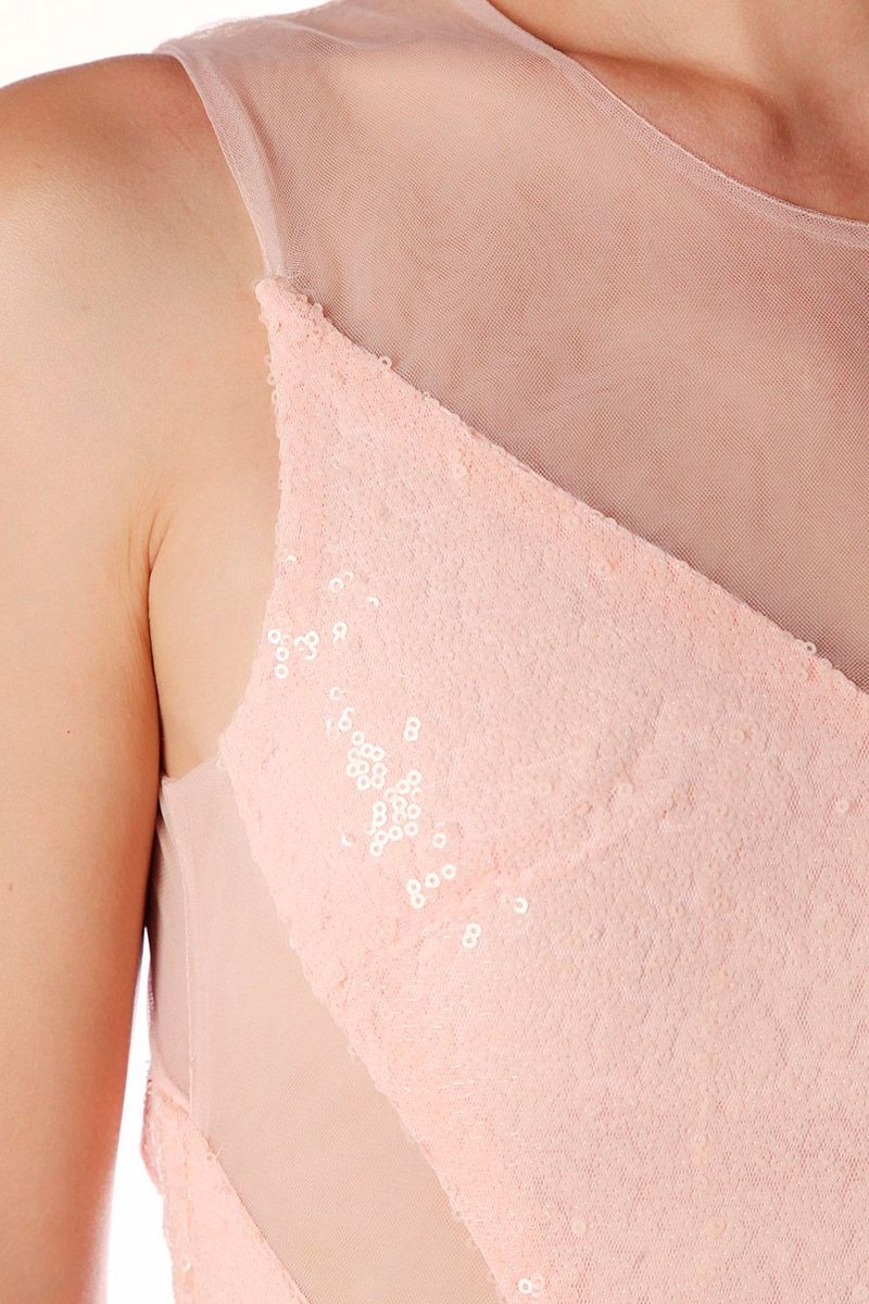 vestido rosa claro de lentejuelas largo de corte sirena ajustado con transparencias para fiestas y eventos de apparentia