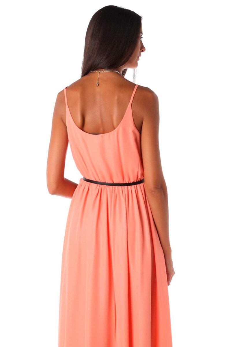 comprar online vestido largo coral con falda plisada talle a la cintura para fiestas y eventos de q2 en apparentia