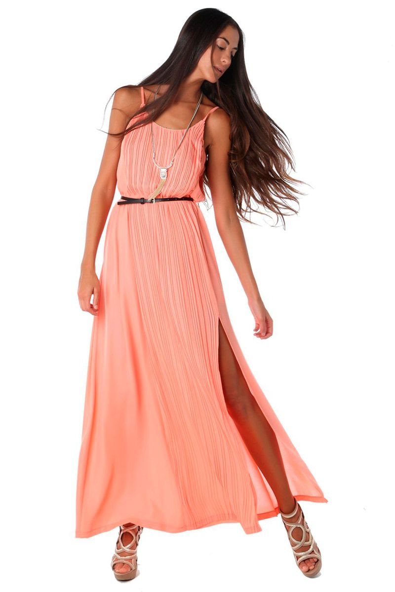 comprar vestido largo coral con abertura en la pierna y falda plisada de q2 en apparentia