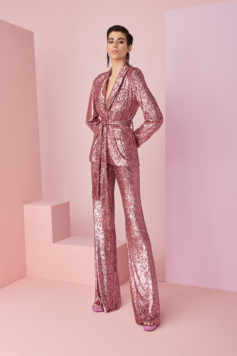 comprar online traje de lentejuelas rosa empolvado blazer y pantalon palazzo para invitadas boda, fiesta nochevieja