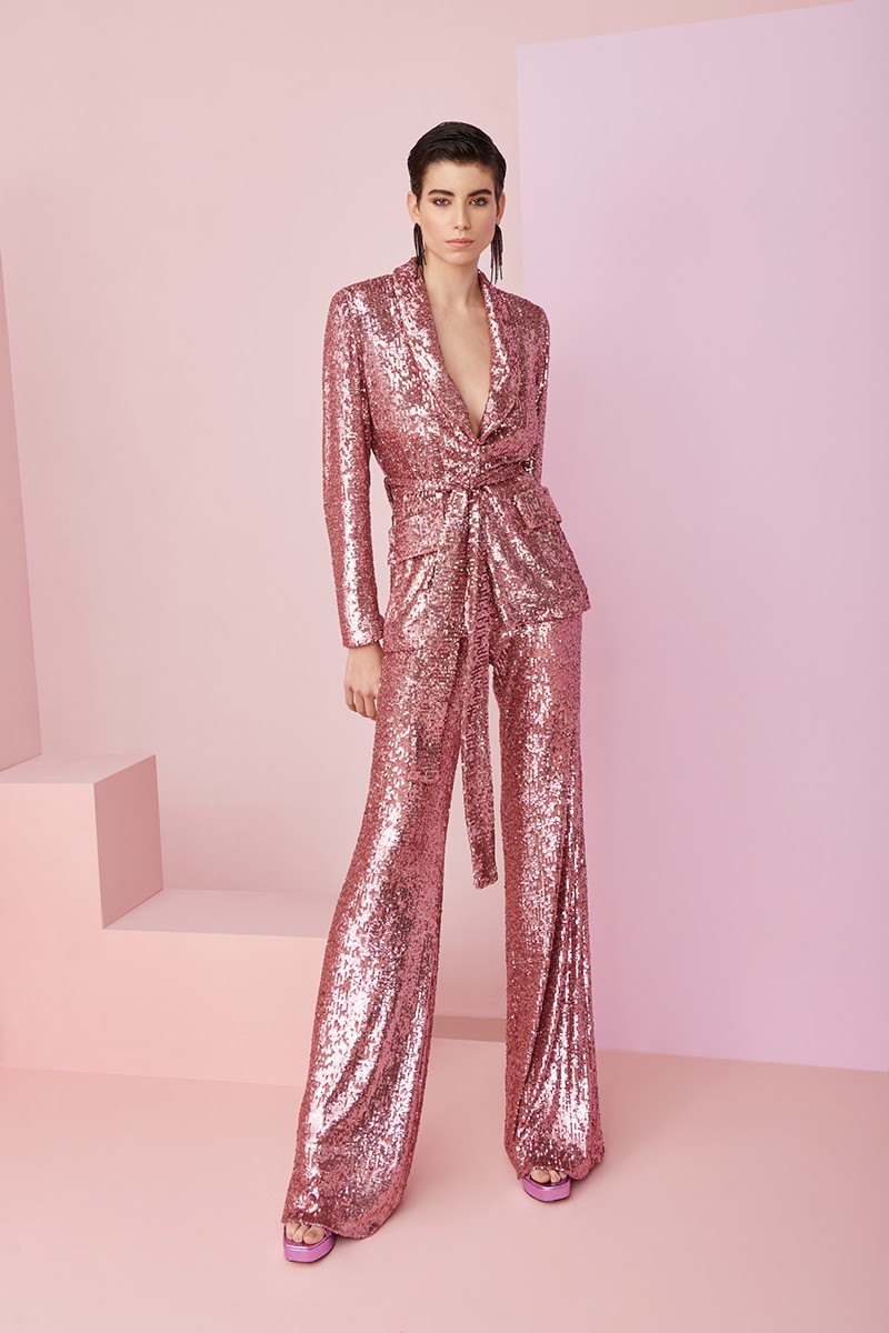 comprar online traje de pailletes rosa empolvado chaqueta y pantalon palazzo para invitadas boda, fiesta nochevieja