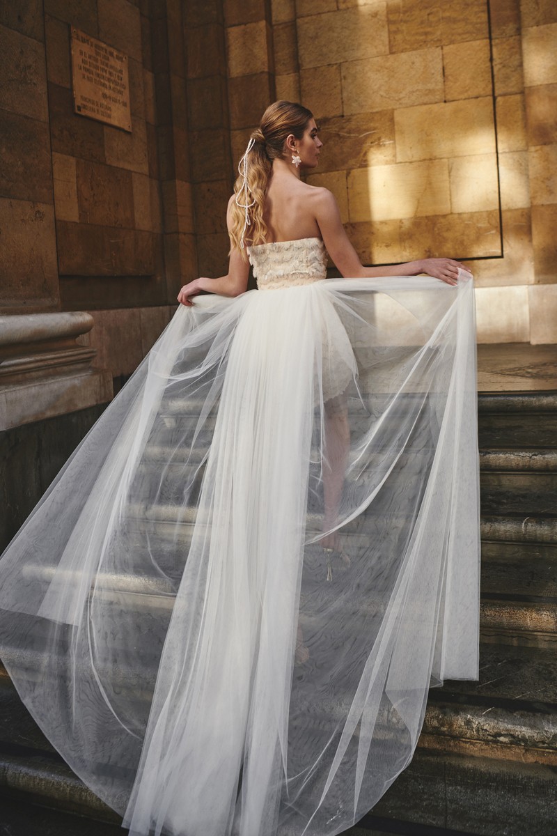 comprar vestido de fiesta corto palabra de honor tul con lentejuela blanco roto con sobrefalda de tul, para novia, segundo vestido, fiesta, evento, gala