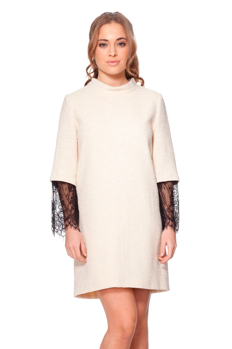 vestido corto de manga francesa beige