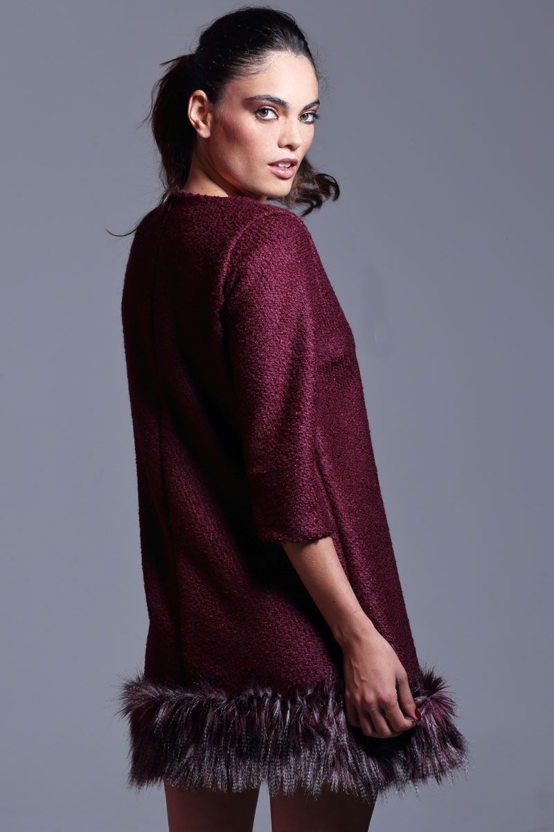 comprar online vestido marsala de baguilla de lana con pelo largo de otoño invierno de manga larga para oficina trabajo ocasiones especiales coctel eventos de apparentia