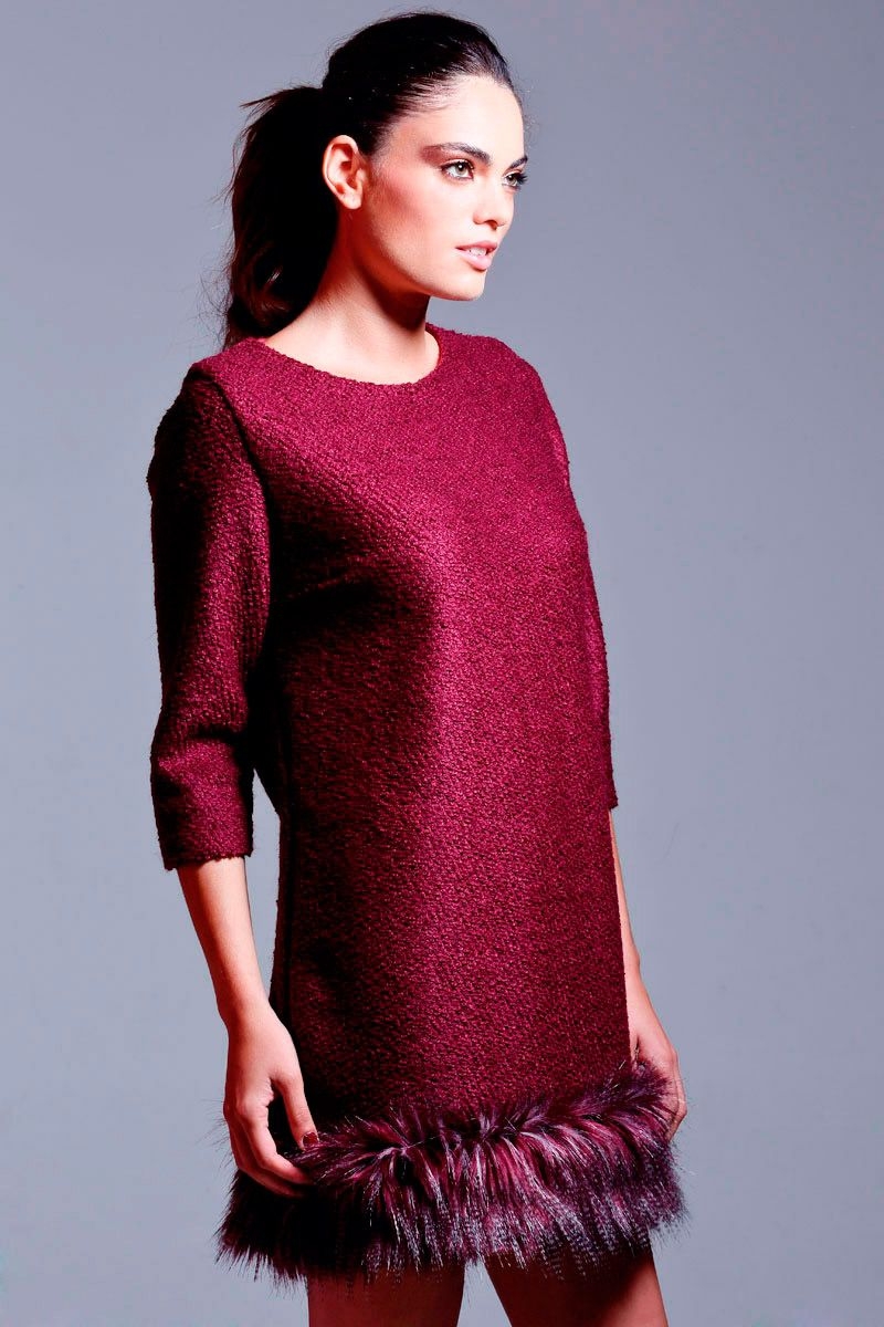 vestido granate de baguilla de lana con pelo largo con manga 3/4 de otoño invierno 2015 2016 para look elegante para eventos ocasiones especiales oficina trabajo fiestas de apparentia