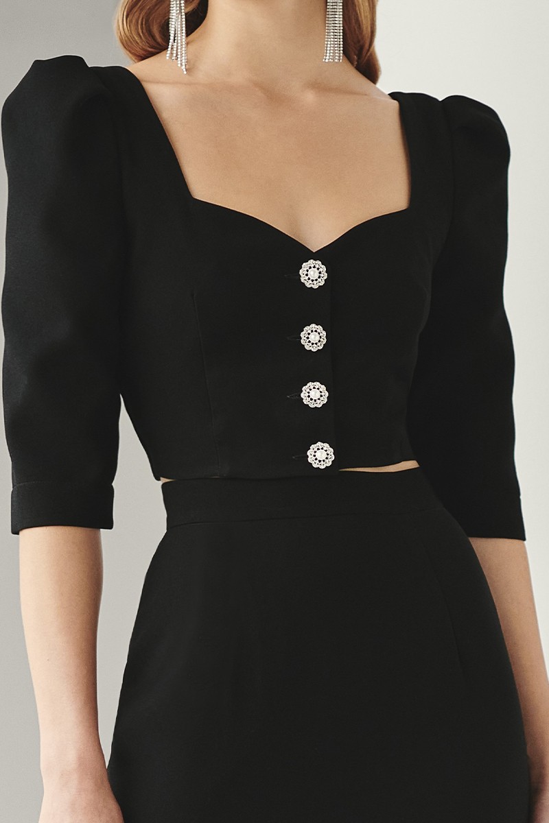 shop online conjunto de top joya y falda con volante en crepe negro para invitada a evento bautizo, comunion, apparentia