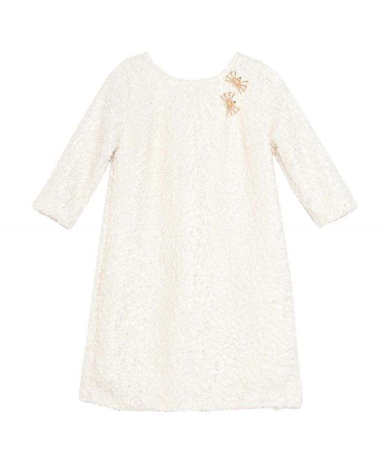 vestidos cortos blancos de baguilla de lana lurex con broches dorados y manga 3/4 de otoño invierno para look elegante para ocasiones especiales eventos oficina trabajo de apparentia