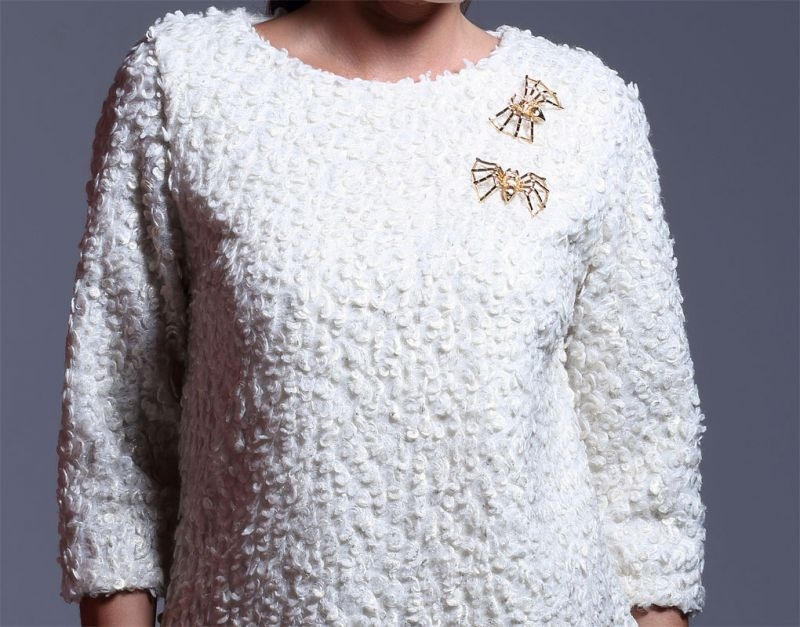 vestidos cortos blancos de baguilla de lana lurex con broches dorados y manga 3/4 de otoño invierno para look elegante para ocasiones especiales eventos oficina trabajo de apparentia