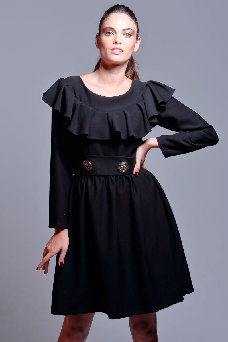 vestido de volantes negro con falda de vuelo y manga larga para look elegante de oficina ocasiones especiales coctel fiesta de apparentia