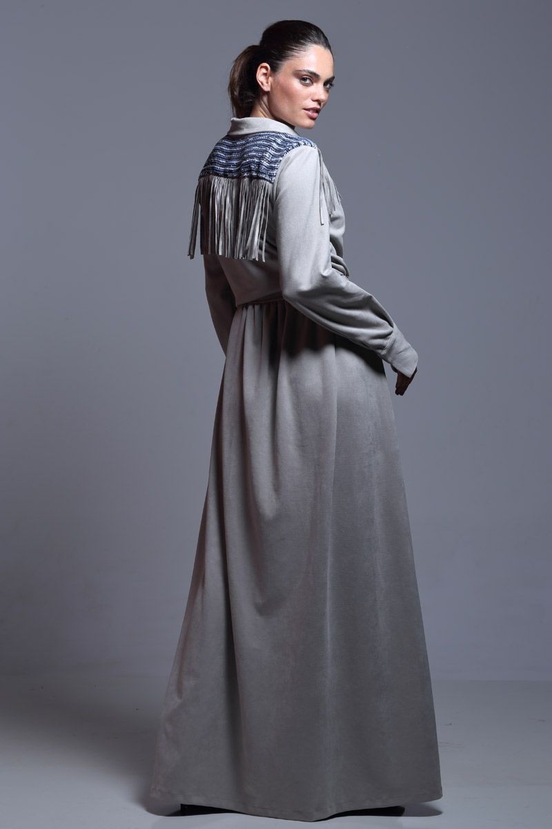 vestido de ante y flecos largo con canesu de rayas azul lazada en la cintura de otoño invierno 2015 2016 de eventos fiestas ocasiones especiales de apparentia 