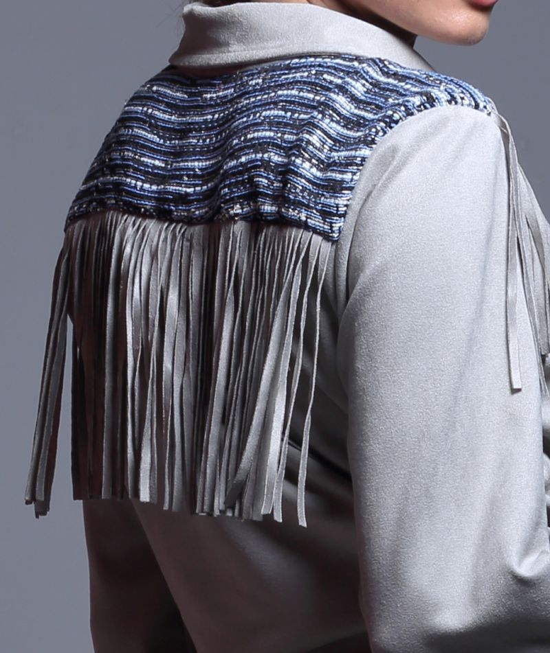 comprar online vestido de ante gris largo con flecos y canesu de rayas azules con cinturon en la cintura de otoño invierno para ocasiones especiales eventos fiestas de apparentia