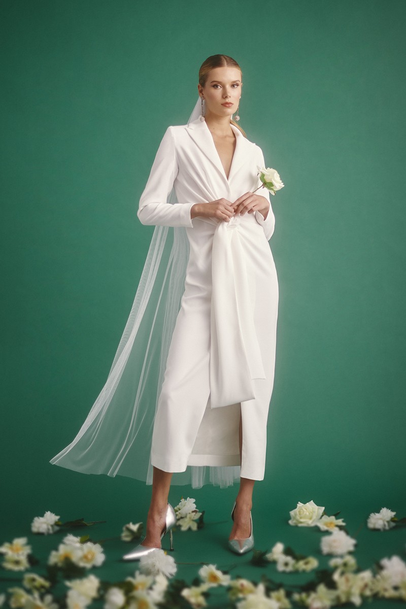 compra vestido midi drapeado con lazada blanco novia civil  segundo vestido boda intima madre bautizo comunion