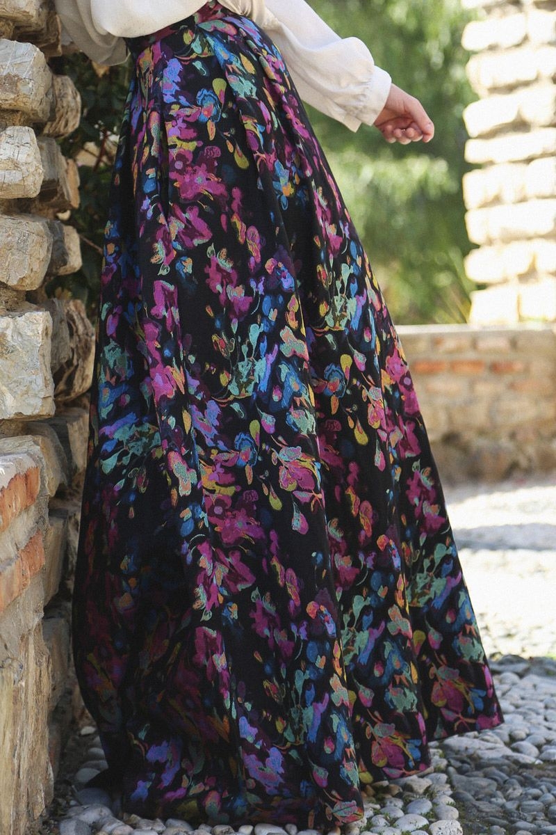 falda larga de vuelo de fiesta con estampado negro azul fucsia verde de otoño invierno para bodas eventos fiestas bautizos de apparentia