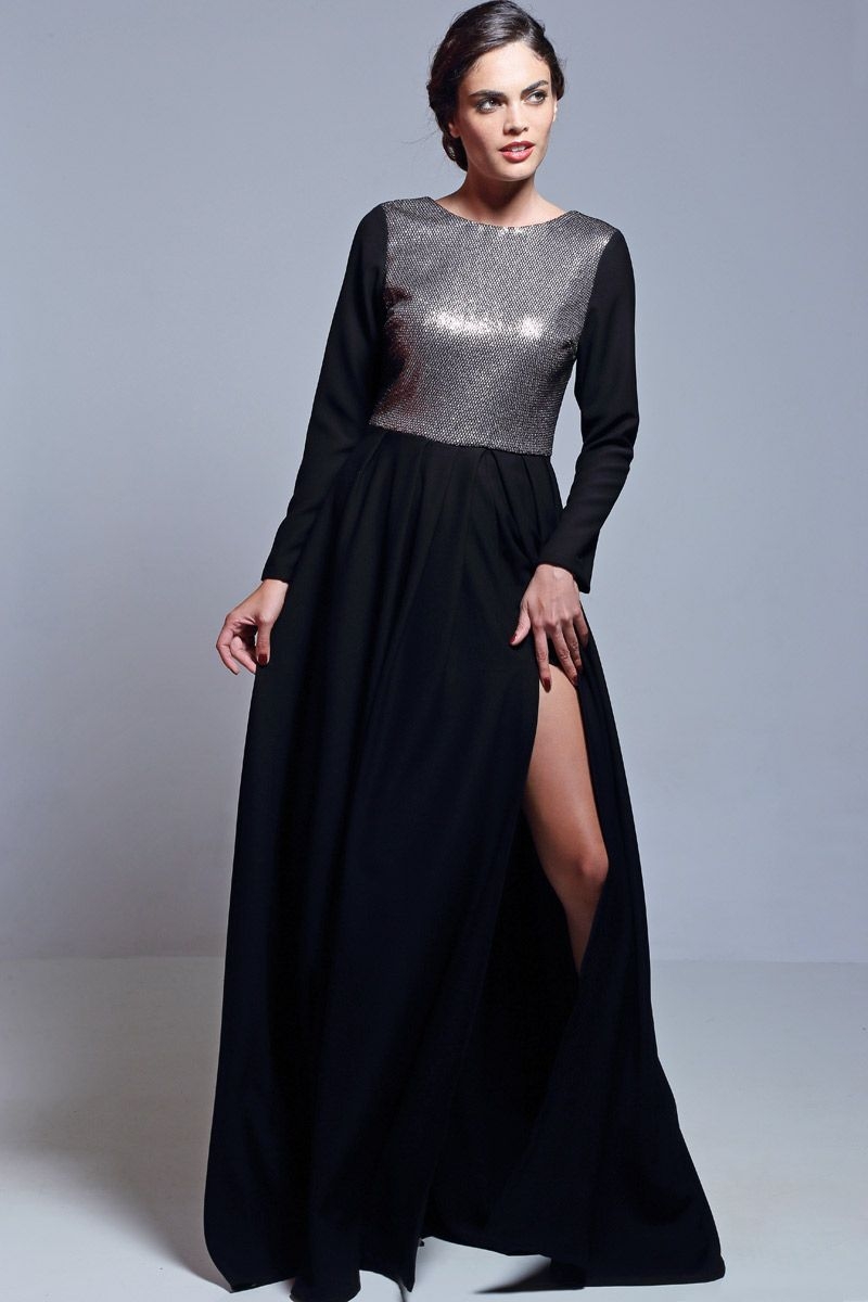 vestido de vuelo largo de fiesta negro con lentejuelas manga larga de otoño invierno para bodas fiestas eventos nochevieja de apparentia