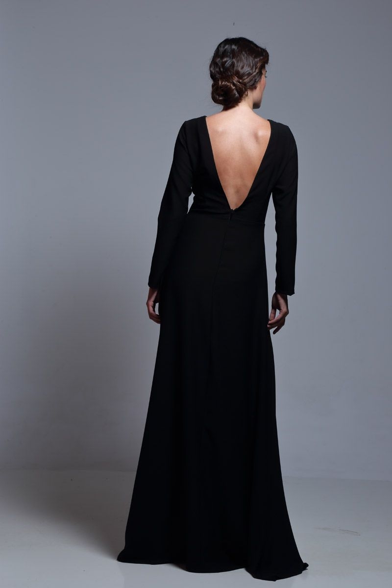 vestido largo de fiesta negro con falda de vuelo manga larga lentejuelas para otoño invierno de boda evento coctel nochevieja de apparentia
