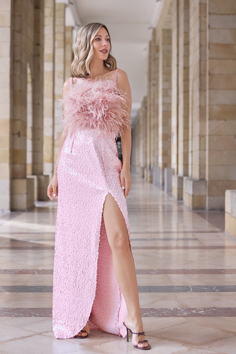 Top de plumas en crepe rosa ideal para invitadas boda de dia, o mama de bautizo o comunion, shoponline, apparentia, graduacion, confirmacion