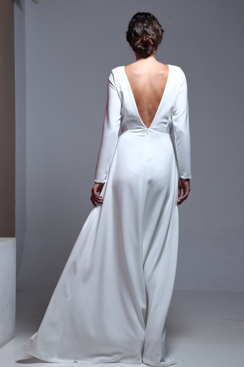 comprar online vestido largo de fiesta blanco con falda de vuelo manga larga y cuerpo brocado en nude y dorado de otoño invierno para boda fiesta evento bautizo comunion nochevieja coctel de apparentia