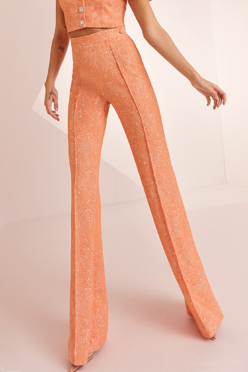 comprar pantalon brocado naranja coral para invitadas a boda de dia, graduacion, evento, comunion