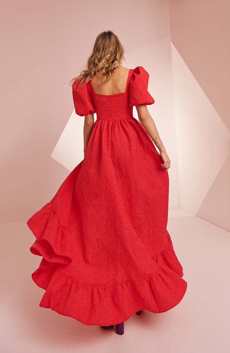 comprar vestido brocado rojo para invitadas a boda de dia, graduacion, evento,, compra online, espalda