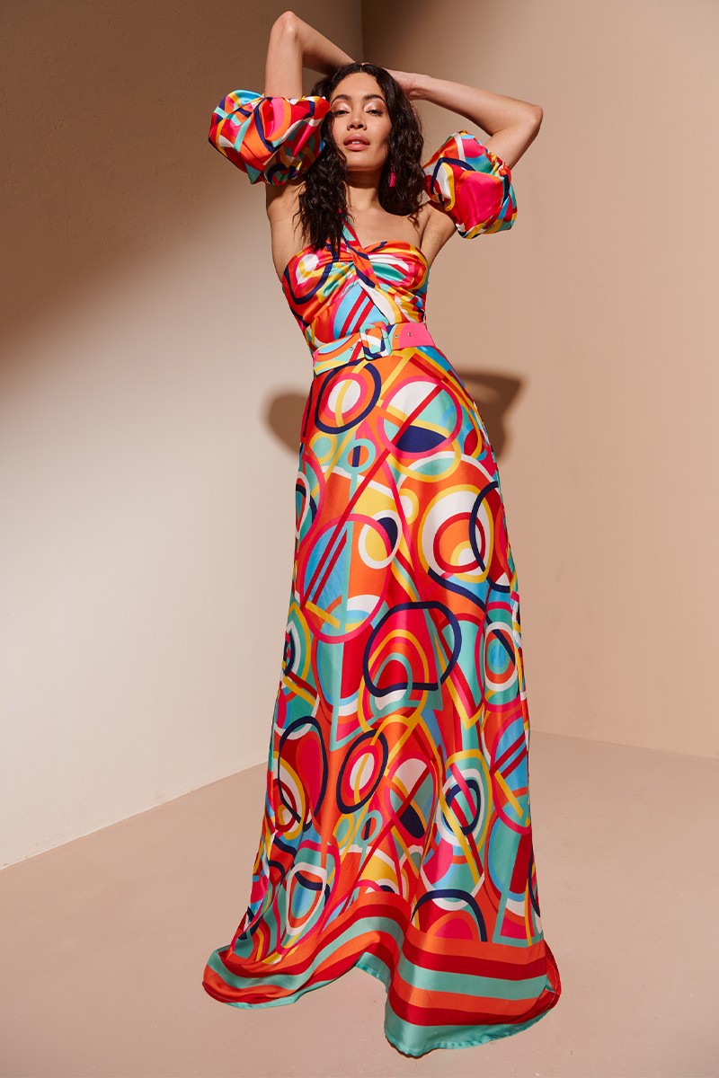 Shop online vestido largo estampado geometrico para invitada de boda fiesta comunion bautizo verano 2023 