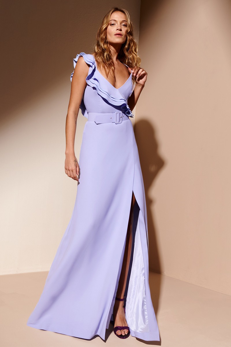 Shop online long summer dress vestido Largo con Volantes azul lavanda para verano invitada boda comunion graduacion bautizo fiesta