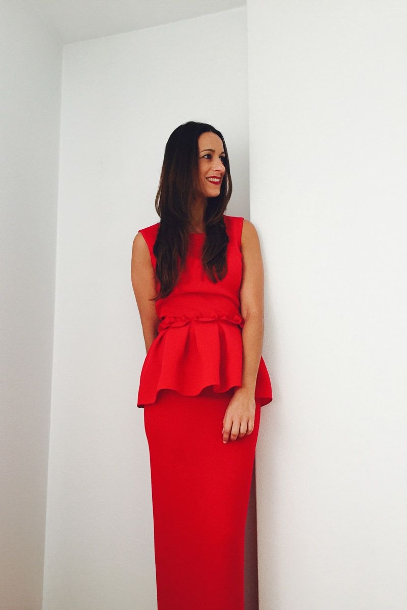 comprar online vestido rojo con volante peplum de otoño invierno para bodas eventos fiestas de bouret en apparentia