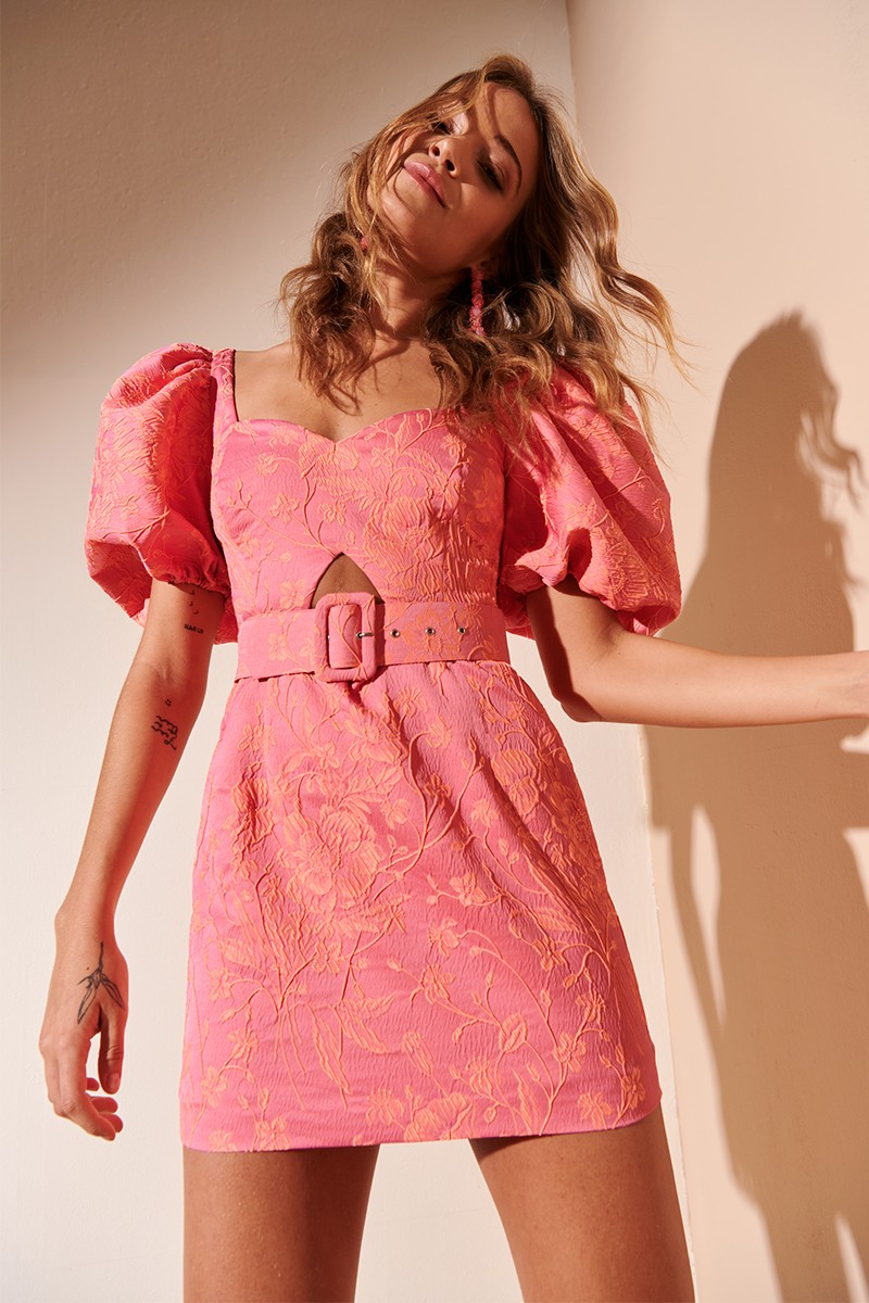 Shop online  summer dress vestido corto  con manga globo en jacquard rosa y naranja flúor para invitada de boda, bautizo, comunion, fiesta, evento