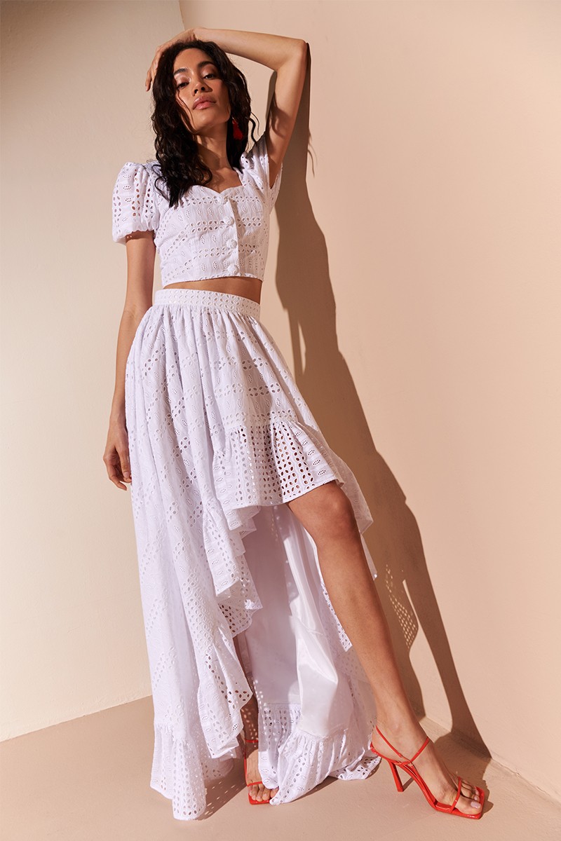 Comprar online conjunto de top y falda troquelada blanco invitada boda comunion bautizo shop online