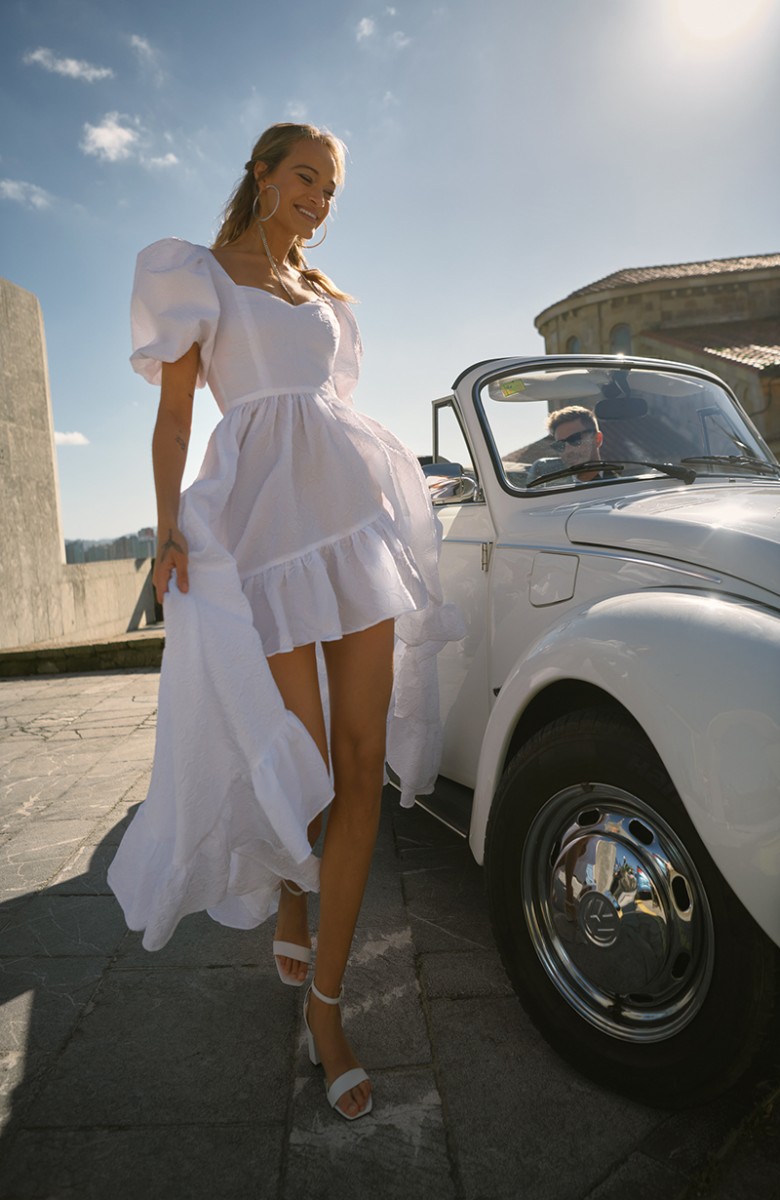 comprar online novia civil vestido largo asimetrico en color blanco para invitadas boda comunion bautizo fiesta graduacion
