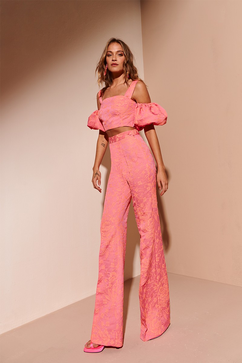 Shop online conjunto de top y pantalon palazzo jacquard flores fluor naranja y rosa invitada boda comunion bautizo verano primavera
