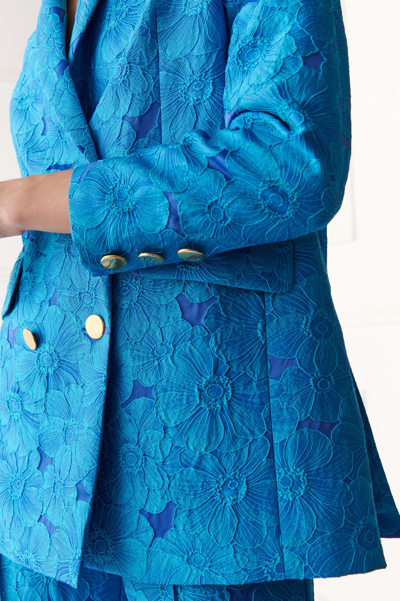  chaqueta  jacquard brocado azul de flores en relieve para inivtadas a bodas, fiesta, madrina, evento online