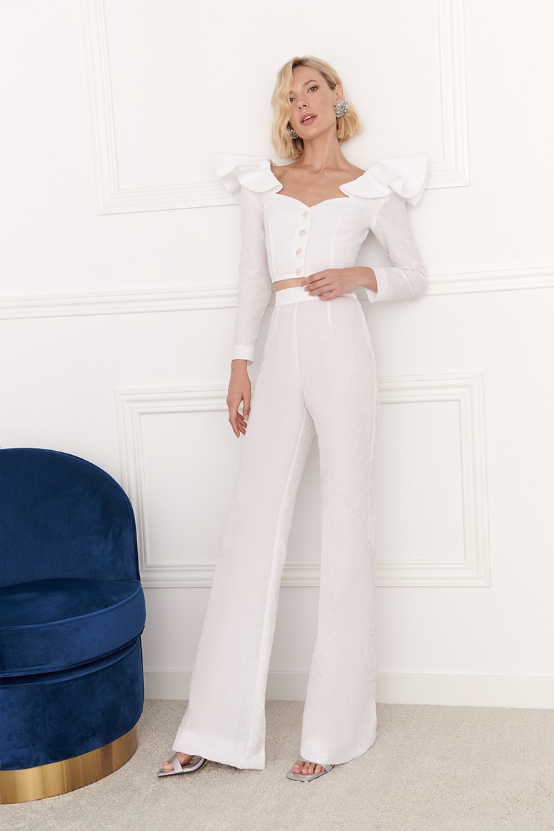 Pantalon palazzo brocado blanco, para novia civil, boda, comunion, bautizo, evento, shop online, compra online