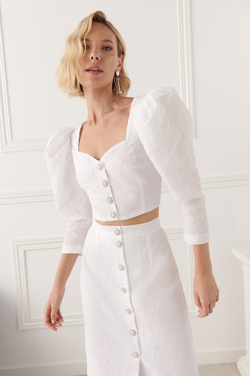  falda midi blanca de jacquard brocado con botones joya para novia civil,  mama de comunion, mama de bautizo, fiesta, 