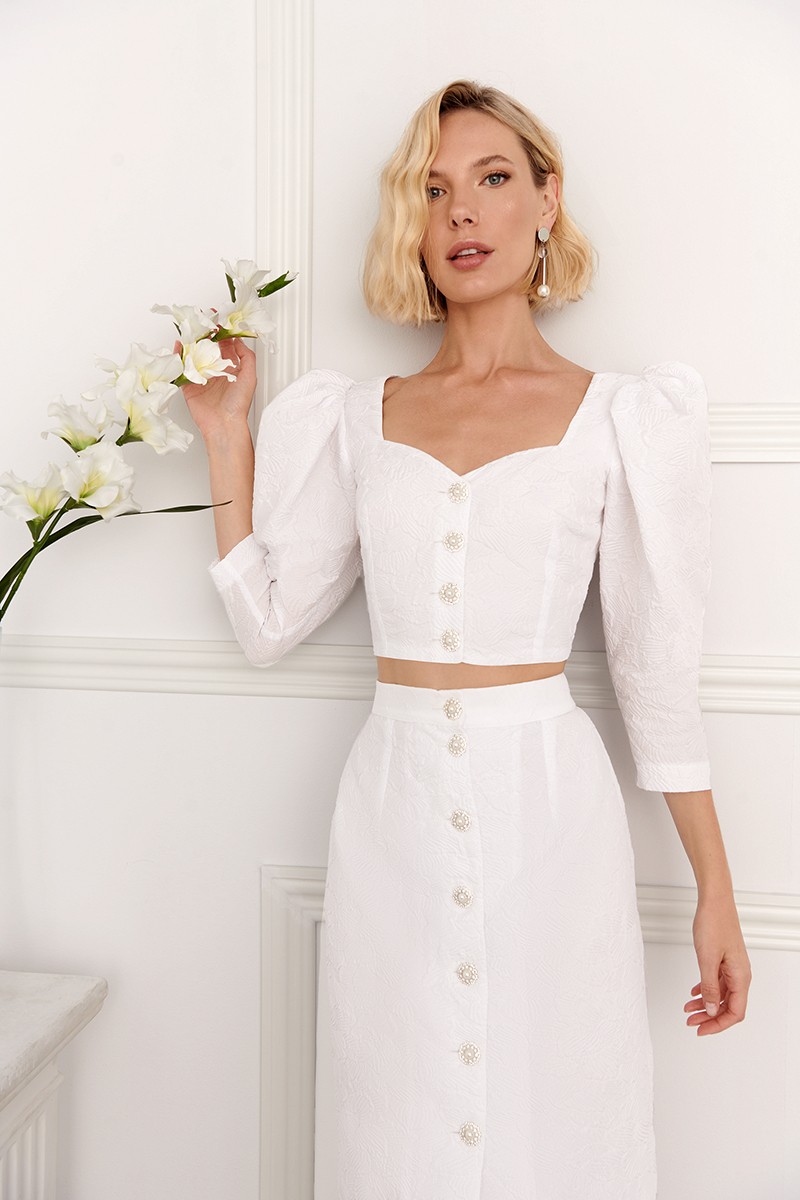  falda blanca de jacquard brocado con botones joya para novia civil,  mama de comunion, mama de bautizo, fiesta, 