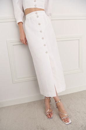 comprar online falda blanca de jacquard brocado con botones joya para novia civil,  mama de comunion, mama de bautizo, fiesta, 