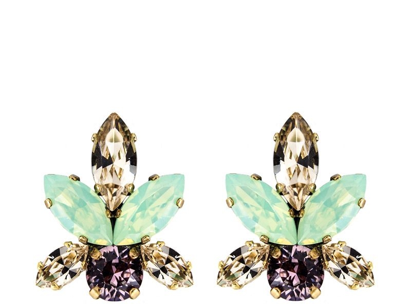 pendientes de cristales swarovski azul y fucsia y dorado para fiestas eventos bodas de legorburu en apparentia verde y morado