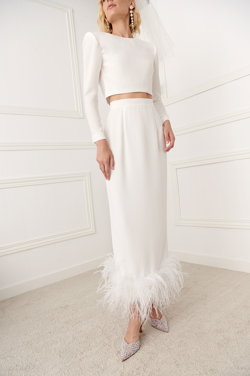 comprar falda midi de plumas en crepe blanco para novia civil ceremonia intima boda wedding shop online
