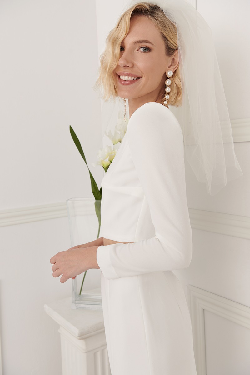 conjunto de top yr falda de plumas en crepe blanco para novia civil ceremonia intima boda wedding shop online