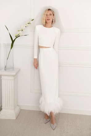 comprar falda de plumas en crepe blanco para novia civil ceremonia intima boda wedding shop online