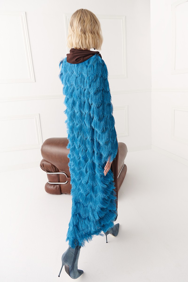 abrigo flecos efecto pelo en color azul para invitadas fiesta boda navidad otoño invierno comprar online