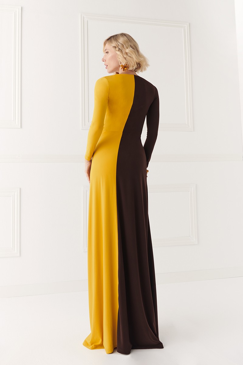 comprar online vestido largo drapeado bicolor marron y mostaza otoño invierno
