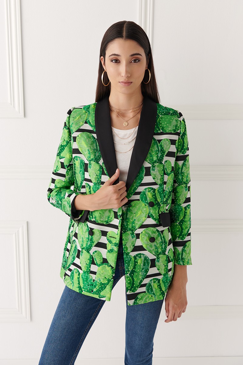 blazer oversize de jacquard estampada en tonos verde y negros