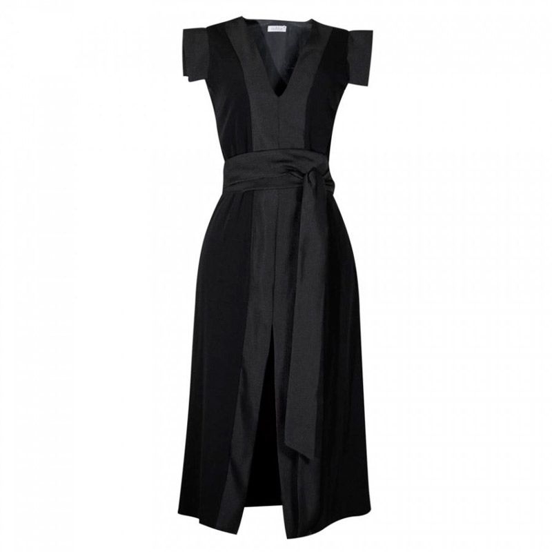 vestido negro de fiesta midi con abertura en la pierna y lazo en la cintura para bodas eventos fiestas coctel bautizo comunion de nubbe en apparentia