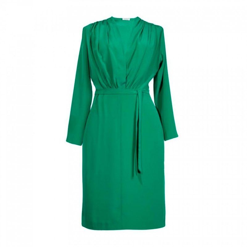 vestido midi verde de fiesta de manga larga escote cruzado y lazada en la cintura de boda bautizo fiesta evento coctel comunion de nubbe en apparentia