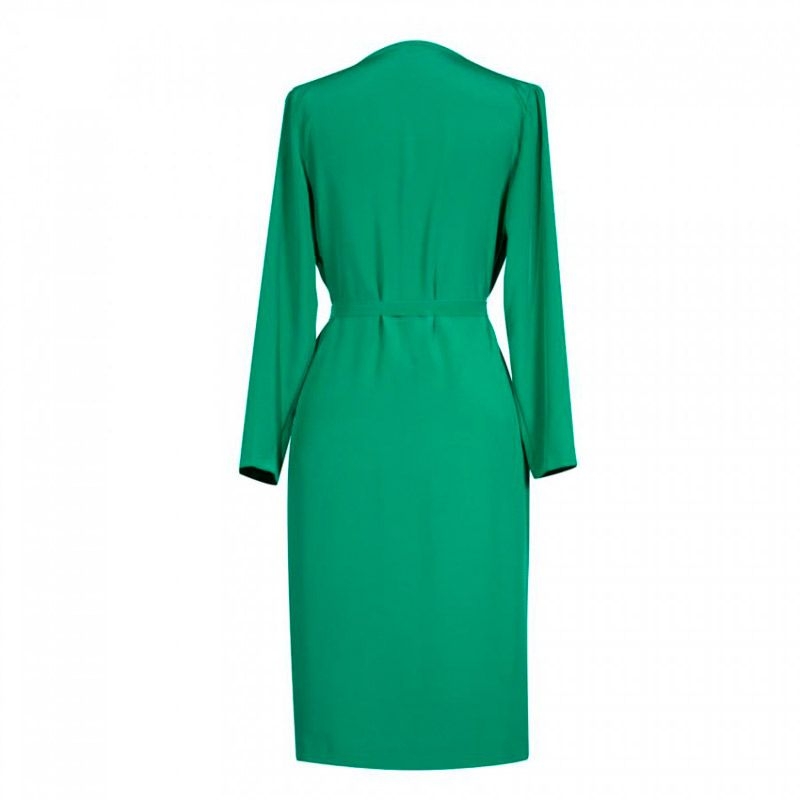 vestido verde midi de fiesta de manga larga escote cruzado y lazo en la cintura para eventos bautizo comunion bodas de nubbe en apparentia