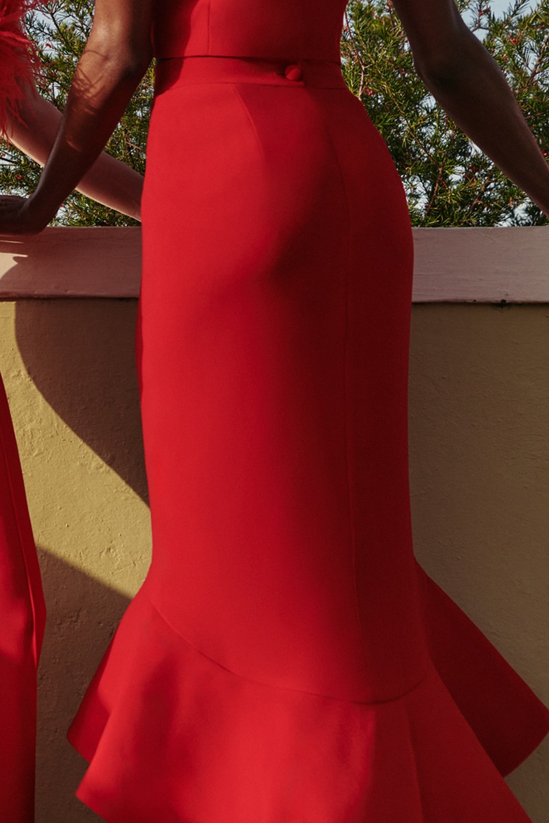 falda crepe rojo  asimetrica falda con volante para invitada a boda, bautizo, comunion, evento, shoponline,