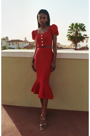 falda midi crepe rojo  asimetrica falda con volante para invitada a boda, bautizo, comunion, evento, shoponline,