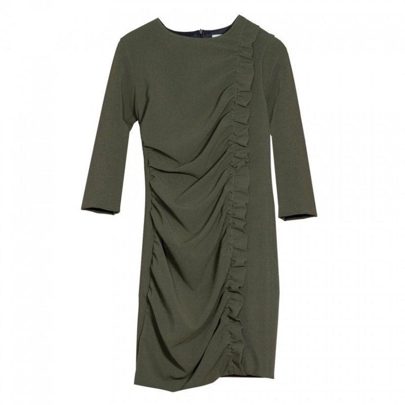 vestido verde caqui con manga francesa y frunce y volante en el lateral de otono invierno para bodas eventos coctel fiestas bautizo de nubbe en apparentia