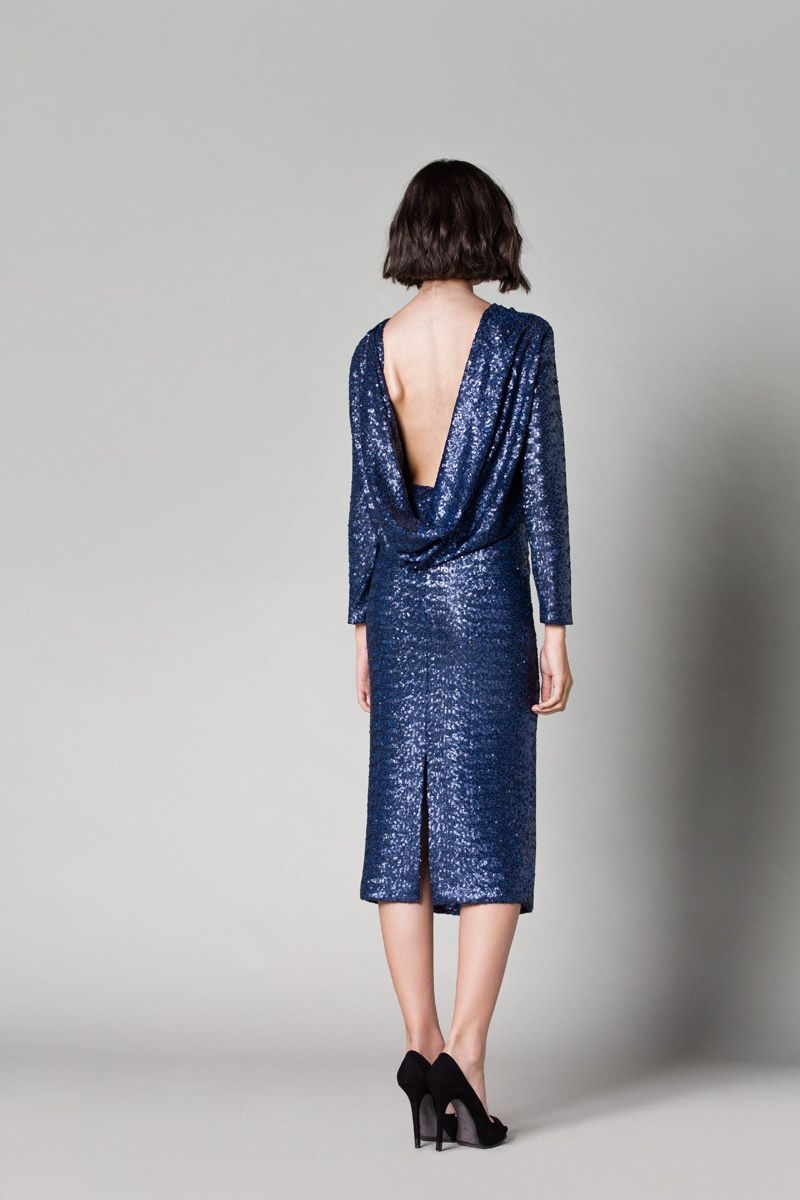 comprar online vestido de lentejuelas azul de fiesta con escote drapeado en la espalda y manga larga de otono invierno de nubbe en apparentia para fiesta nochevieja coctel evento