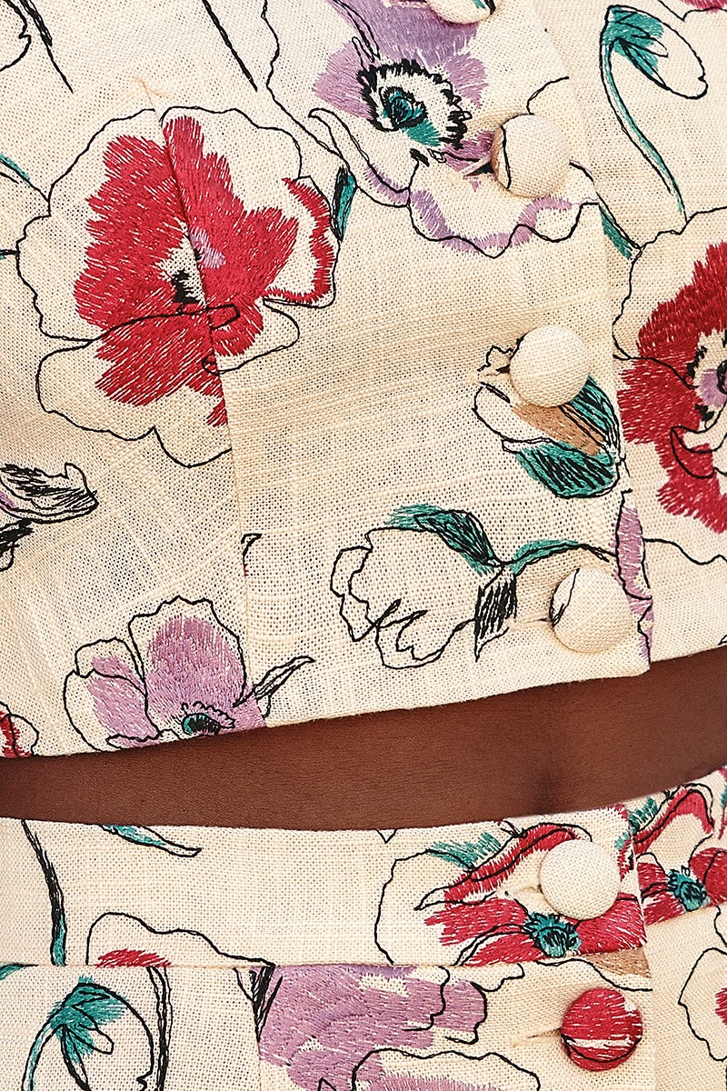 conjunto de top y falda recta botones en tejido de lino beige con flores bordadas de colores, para invitada fiesta, boda, evento, mamá de comunion comprar online